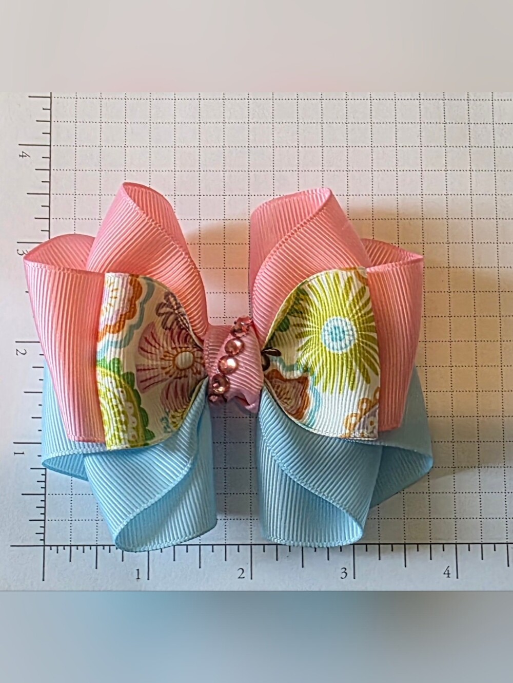 Pink and Light Blue Floral Ribbon Bow Hair Clip